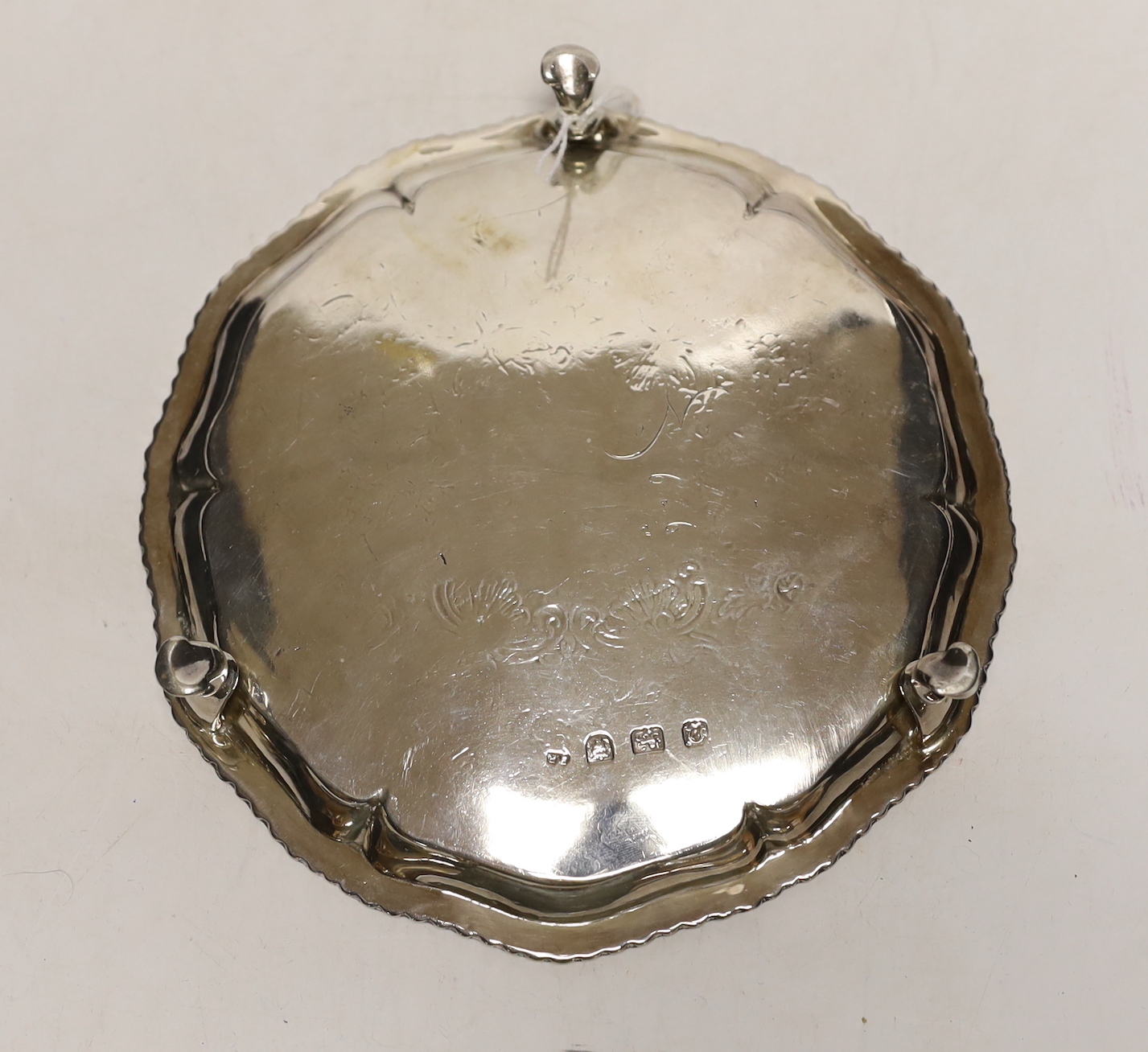 An early George III silver waiter, with later engraved decoration, ?R, London, 1768, 17cm, 7oz.
